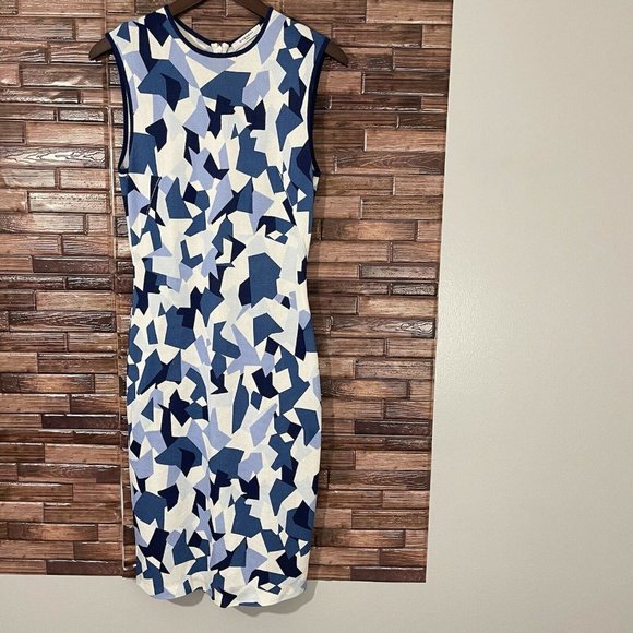 GIVENCHY Geometric Pencil Dress Blue Navy White Knit Stretch Size M Sleeveless - Picture 11 of 11